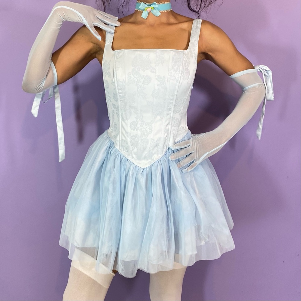 Blue and White Dance Costume with Tulle Skirt